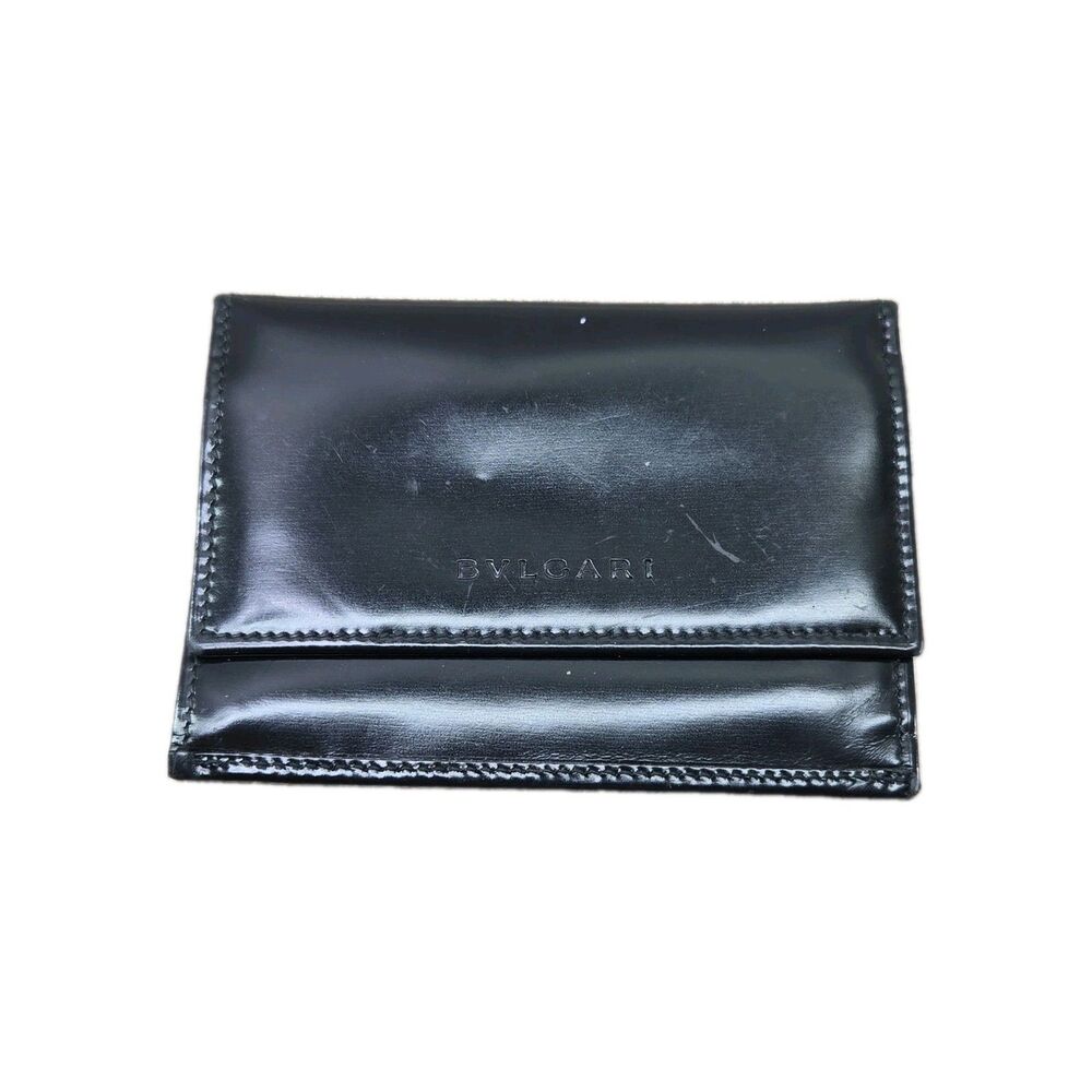 BVLGARI Women Slim Wallet Bi-Fold Patent Leather Authentic Black Embossed Italy